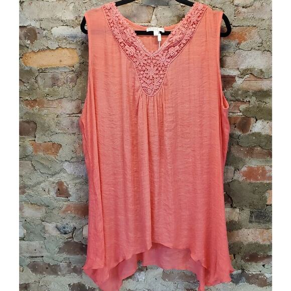 Spense Tops - SPENSE Womens Plus Size 1X Coral Sleeveless Blouse Lace V-Neck Tunic Top